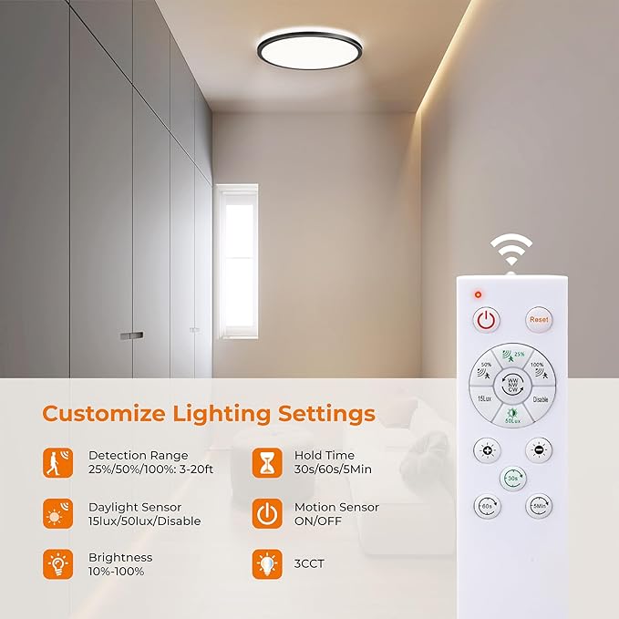 Matane Motion Sensor LED Ceiling Light with Remote, 12 Inch Wired Flush Mount Light 3000K 4000K 5000K, 2400LM Dimmable Motion Sensor Light Indoor for Closet Hallway Laundry Stairs Black New Version
