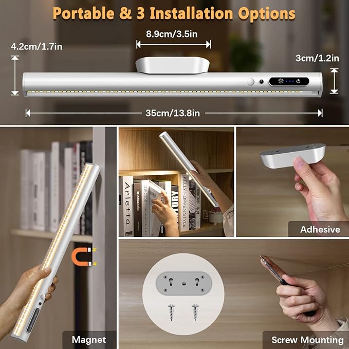 Hapfish Motion Sensor LED Light Bar Indoor, Rechargeable Under Cabinet Lighting Wireless, Magnetic Battery Powered Operated Wall Strip Lights with Remote Control for Picture Shelf Closet – Silver
