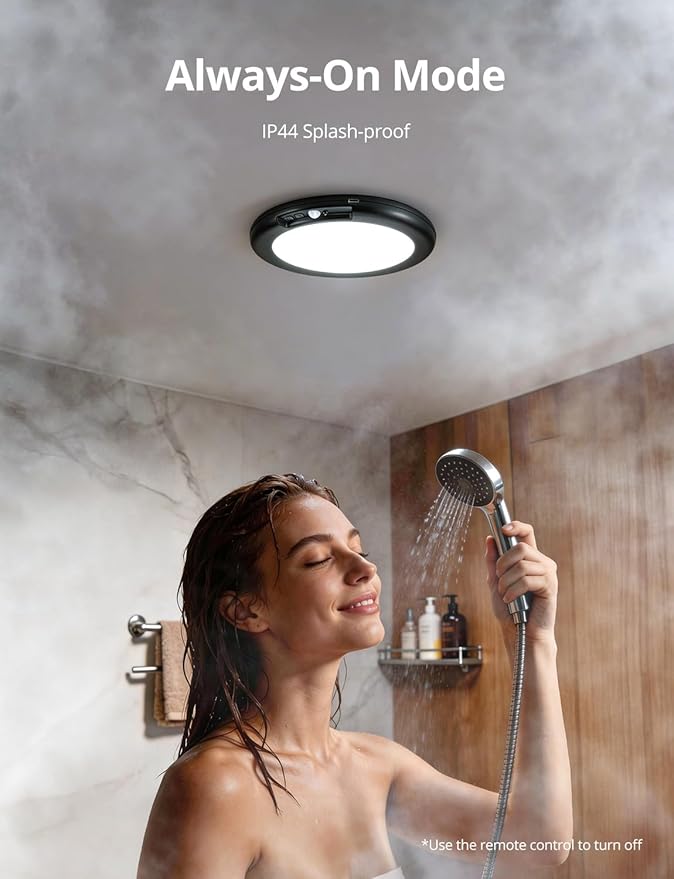 Bojim Rechargeable Motion Sensor Wireless Closet Ceiling Light 6000mAh Battery Powered, Magnetic Fixture Shower Lights with Remote Dimmable Timing for Laundry Bathroom Black