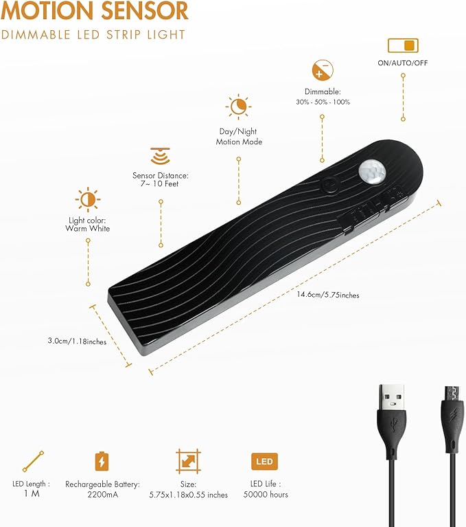 Sensky Motion Sensor LED Strip Lights Rechargeable Motion Activated Light Strip Dimmable Cabinet Strip Lighting for Wardrobe, Gun Safe, Cabinet, Pantry, Closet (1M Black, Warm White)