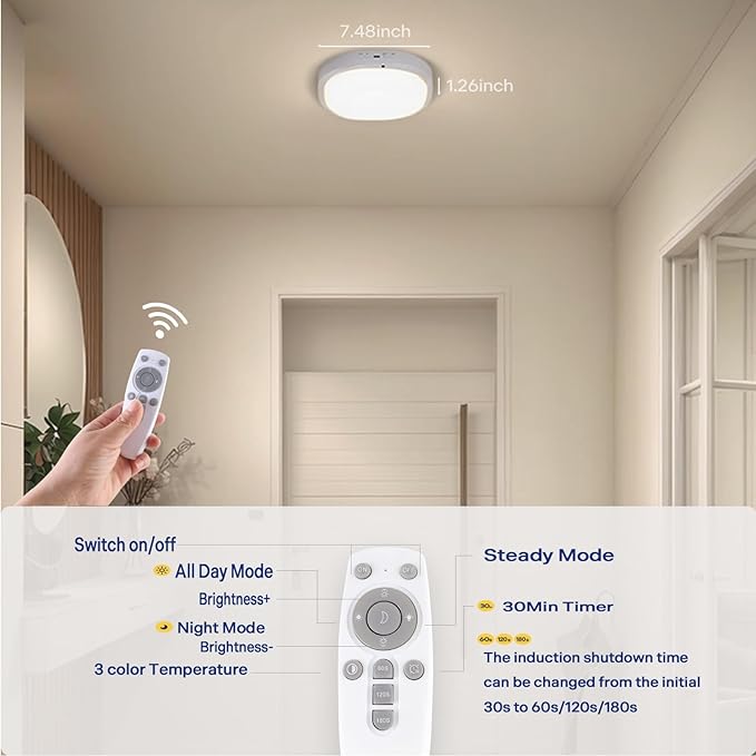 2 Packs Motion Sensor Closet Light with Remote, No Wiring Battery Operated Ceiling Light with 10000mAh, Waterproof Shower Light for Bathroom Closet Stairs Pantry