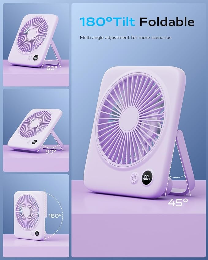 Otlonpe Portable Desk Fan 6.5 Inch, 4000mAh Rechargeable Battery Operated & USB Powered, 23Hrs Cordless Small Personal Fan 4-Speed Quiet for Office Travel Home Sleeping, Led Display, Foldable (Purple)