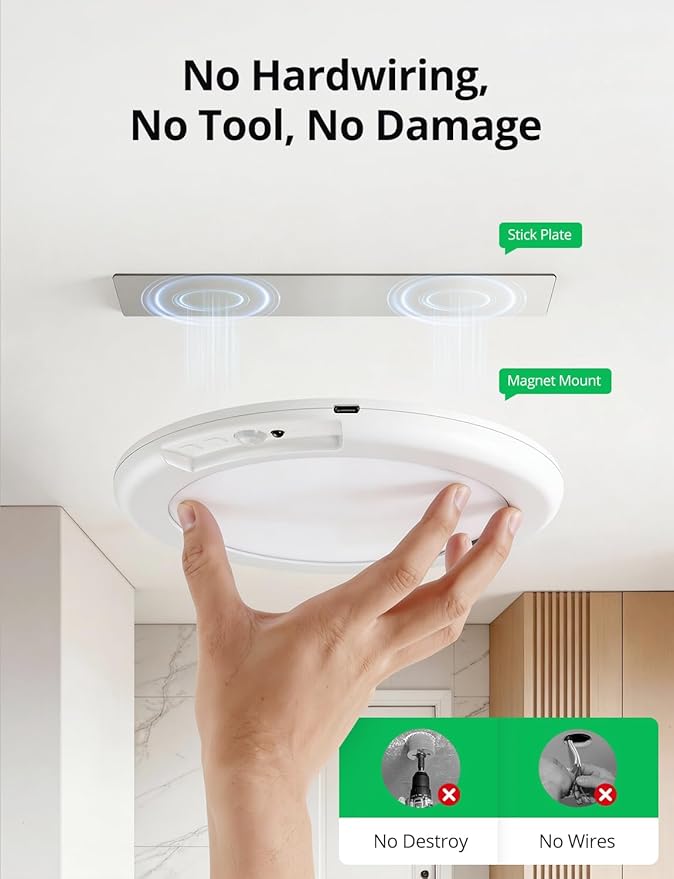 Bojim Wireless Waterproof Shower Light Rechargeable Motion Sensor Closet Ceiling Light, Magnetic Cordless Battery Powered Lights with Remote for Bathroom Stairs Shed