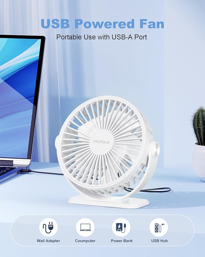 TriPole Desk Fan USB Powered Mini Portable Fan, 3 Speeds Adjustable Strong Breeze Personal Desktop Fans, 360° Rotation Quiet Plug In USB Fans for Bedroom Office Table Travel Cruise, White, 4.9ft Cable