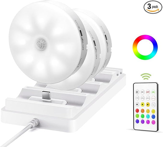 EZVALO Under Cabinet Lighting with Charging Station, 1000mAh Rechargeable Puck Lights with Remote, 3 Color Temps & 12 RGB Closet Lights, Dimmable Motion Sensor Lights for Shelf, Kitchen (3 Packs)