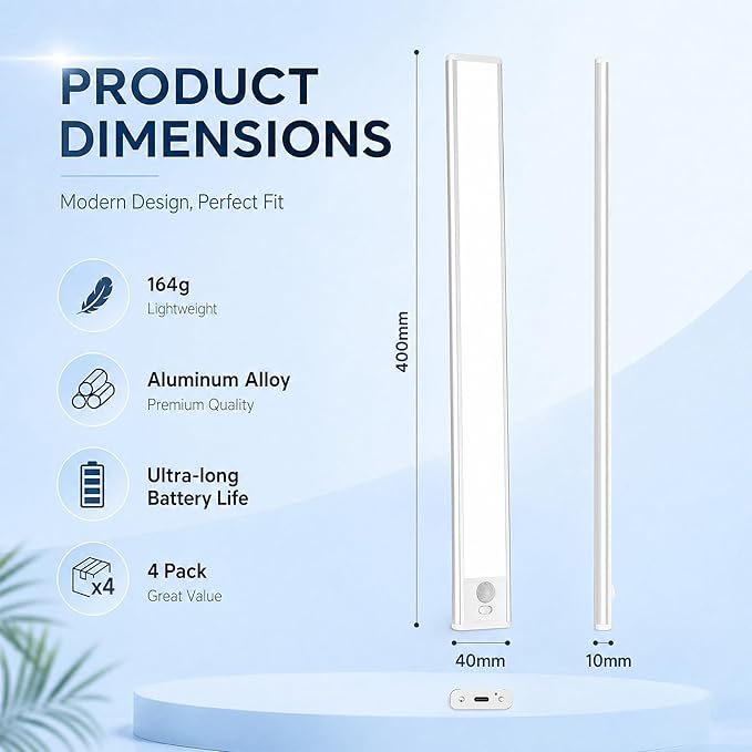 16-Inch Under Cabinet Lighting Rechargeable 4500mAh, Ultra-Thin Wireless Motion Sensor Indoor Light, Dimmable 3-Color LED Under Counter Lights for Kitchen, 4-Pack