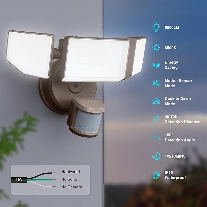 Abovizo 85W LED Security Lights Motion Sensor Light Outdoor, 8500LM Dusk to Dawn, IP65 Waterproof, 6500K, 3 Head Motion Detected Flood Light, Floodlight for Outside, Garage, Yard, Porch (Brown)