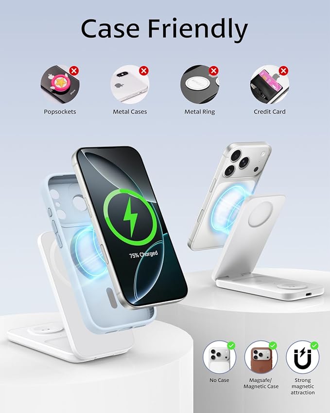 Compatible MagSafe 3 in 1 Wireless Charging Station for Apple, Magnetic Foldable Charger Stand for iPhone 17/16/15/14/13/12 Pro Max, Apple Watch Ultra/Series & AirPods Pro Fast Charging Dock