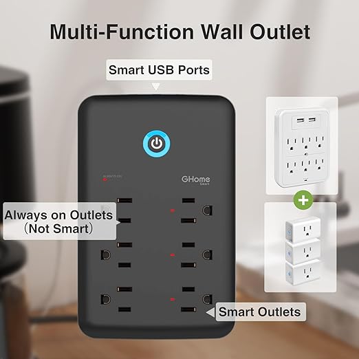GHome Smart Plug Outlet Extender, Smart Power Strip Surge Protector with 3 Individually Controlled WiFi Outlets and 3 USB Ports, Smart Plugs That Works with Alexa Google Home, 15A/1800W, Black