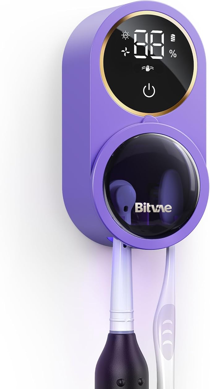 Bitvae Tooth Brush Holder for Bathroom, Infrared Sensing Toothbrush Cleaner, Wall-Mounted for Any Size Toothbrushes, Air Drying, LED Smart Screen, Purple
