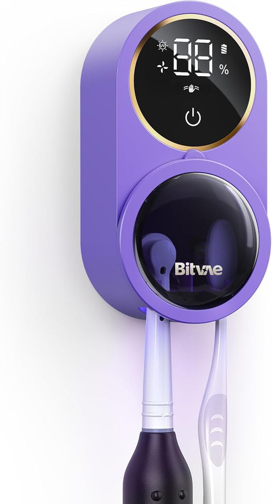 Bitvae Tooth Brush Holder for Bathroom, Infrared Sensing Toothbrush Cleaner, Wall-Mounted for Any Size Toothbrushes, Air Drying, LED Smart Screen, Purple