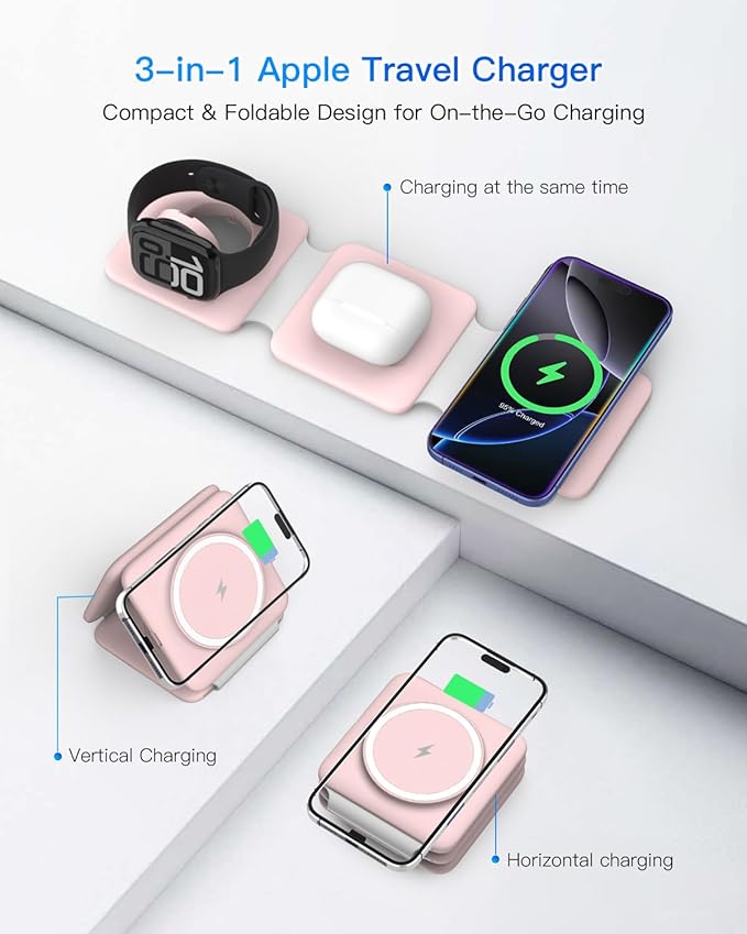Charging Station for Apple Multiple Devices: 3 in 1 Foldable Magnetic Wireless Charger Stand - Travel Charging Dock Compatible with iPhone 17 16 15 14 13 12 Pro Max Plus Apple Watch AirPods