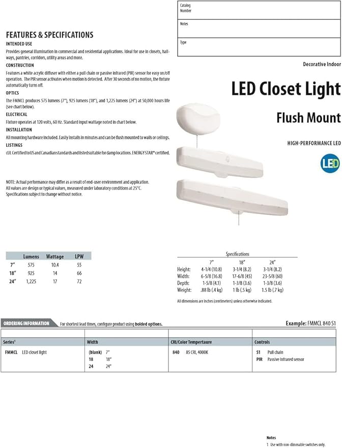 Lithonia Lighting LED Flush Mount Closet Light, 18 Inch Motion Sensor Closet Light Fixture for Bedroom, Bathroom, Storeroom, Pantry or Utility Room, Damp Rated, Hardwired (FMMCL 18 840 PIR M4)