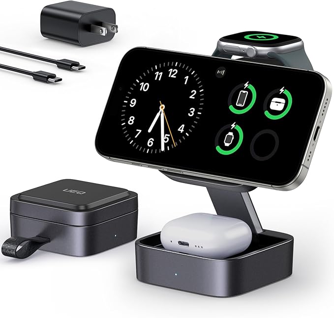 UEQ 3 in 1 Wireless Charging Station for Apple Devices,Compatible with MagSafe Charger Stand,Foldable Fast Travel Magnetic Wireless Charger for iPhone 17 Air 16 15 14 13 12,Apple Watch&AirPods Pro