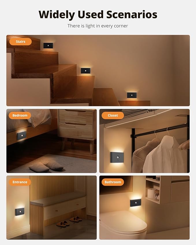 wowatt Rechargeable Motion Sensor Stair Light, Black Night Lights with Magnetic Mount, Dimmable Stair Lights Indoor for Stairway, Hallway, Kitchen, Bathroom(3 Packs)
