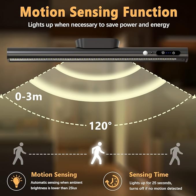Hapfish Motion Sensor LED Light Bar Indoor, Rechargeable Under Cabinet Lighting Wireless, Magnetic Battery Powered Operated Wall Strip Lights with Remote Control for Desk Mirror Closet Kitchen -Black