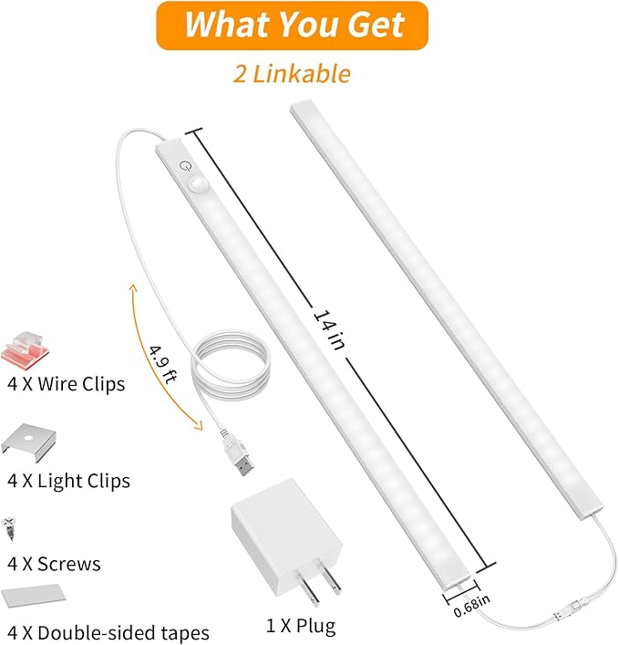 14" Slim USB Plug-in LED Motion Sensor Light Indoor, Bright & Dimmable Under Cabinet Light - 3 Modes (ON/Night/Day) for Kitchen, Cabinet, Closet - 6000K Cool White, 1 Pack (2 Linkable)