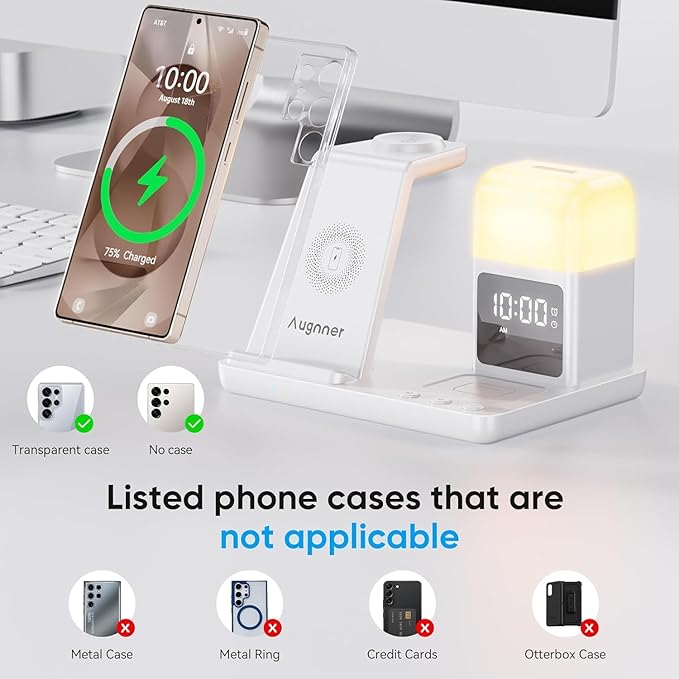 6 in 1 Wireless Charging Station for Samsung Android with Clock & Night Light，Alarm Clocks for Bedrooms,Wireless Charger Stand Beside Clock for Galaxy S26 S25 S24 Ultra Galaxy Watch Galaxy Buds