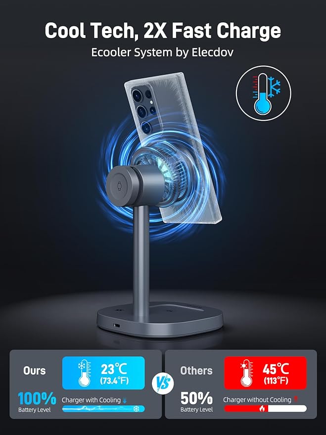 Magnetic Wireless Charger for Samsung, Qi2 Android Charging Station with TEC Cooling Fan, 3 in 1 Nightstand Organizer for Samsung Galaxy S26 Ultra, Galaxy Watch Ultra 8, Buds4 Pro