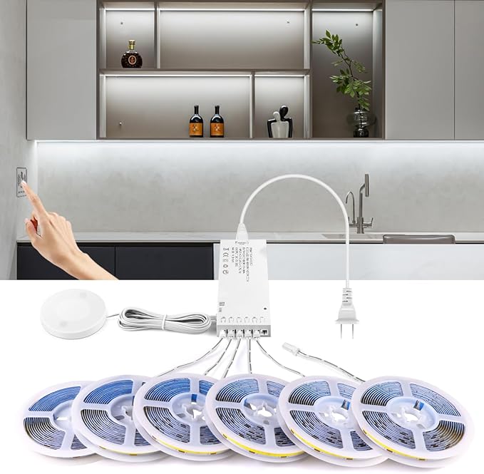 AIMENGTE Cabinet Light 12V COB LED Strip Lights, 6-in-1 Penetrable Touch Dimming, Suitable for Wine Cabinets, Shoe Racks, Display Cabinets, Wardrobes, Kitchen Cabinets, and Showcase Lighting