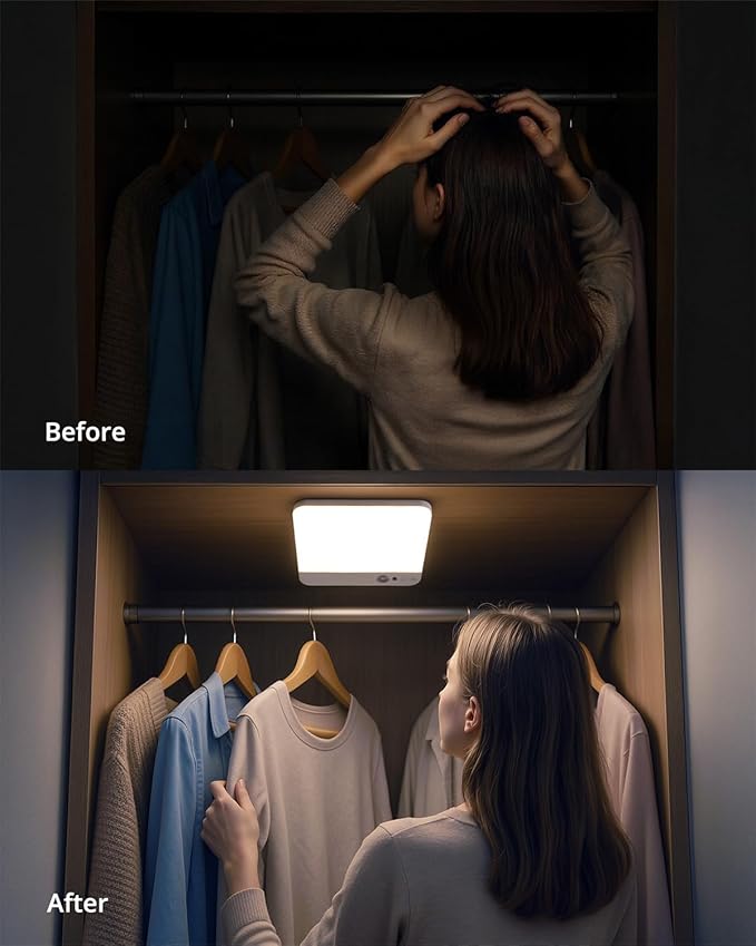 Combuh Rechargeable Ceiling Lights Square 85 Day Battery Operated, 7.87" Wireless Motion Sensor Shower Lighting with Remote 3 Colors Waterproof Magnetic Cordless Lamp for Closet Pantry Hallway