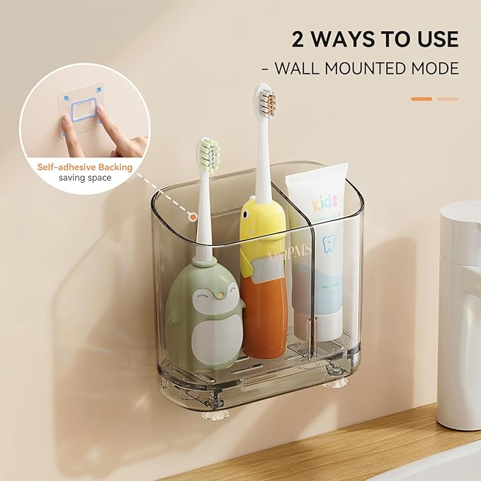 Toothbrush Holders with Drainage for Bathroom Countertop Organizer, 2 Slots Electric Toothbrush Holder Wall-Mount with Divider for Easy Clean, Tooth Brush and Toothpaste Holder for Bathroom Kitchen