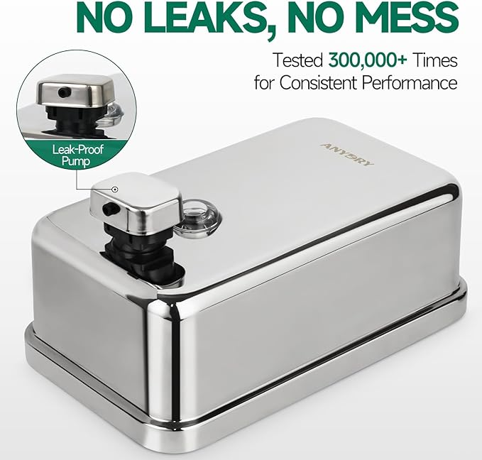 anydry Commercial Wall Mounted Soap Dispenser 37oz 1100ml Large Capacity Polished Stainless Steel Manual Dispenser for High Traffic Restrooms