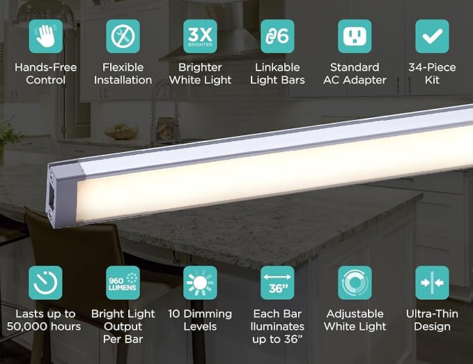 PureOptics LED Under Cabinet Light Kit, Motion Sensor, Dimmable, Linkable, 3 Color Settings, Tool-Free, for Kitchen, Cabinets and Closets, (3) 9" Bars