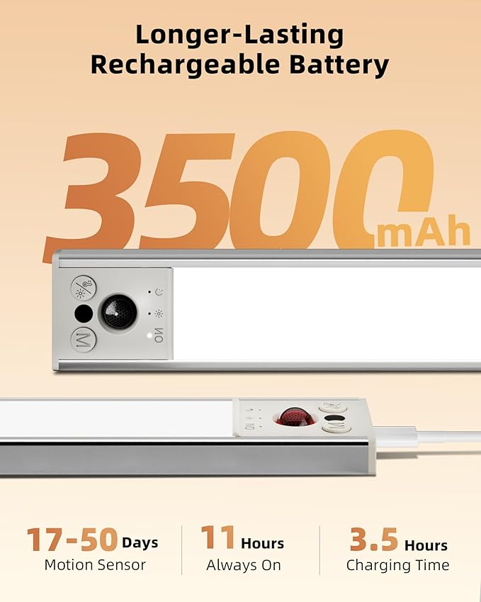 EZVALO 14.5inch Under Cabinet Lighting, Rechargeable Motion Sensor Light Indoor with 3 Color Temperatures, Dimmable & Magnetic Closet Lights, Wireless Under Counter Lights for Kitchen, Stairs (2 Pack)
