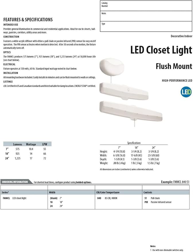 Lithonia Lighting FMMCL 840 S1 M4 4000K LED Flush Mount Closet Light with Pull Chain, White, 7"