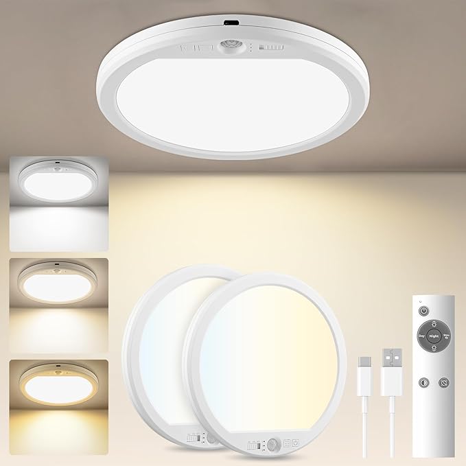 Meliya Rechargeable Motion Sensor Ceiling Light with Remote, 3000K 4000K 6500K Magnetic No Wiring LED Ceiling Light Battery Powered for Shower Stairs Hallway Porch Pantry Garage Patio Shed