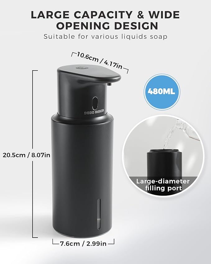 Automatic Foaming Soap Dispenser Touchless, 304 Stainless Steel Bottle Body & 16.2oz/480ml,USB Rechargeable, 3 Adjustable Liquid Levels, IPX7 Waterproof, for Kitchen Bathroom, Black