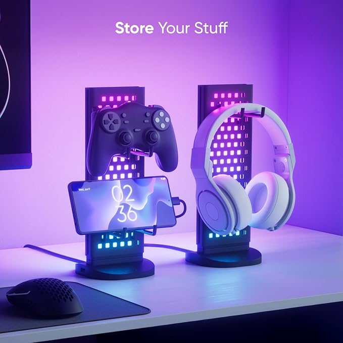 Nanoleaf Pegboard Desk Dock, 3-in-1 Desk Hub with Dual-Sided LED Lighting, USB-A & USB-C Charging, 950mm Pegboard Storage, 50 Lumens, 64 RGB LEDs, Works with Nanoleaf Desktop App, Black