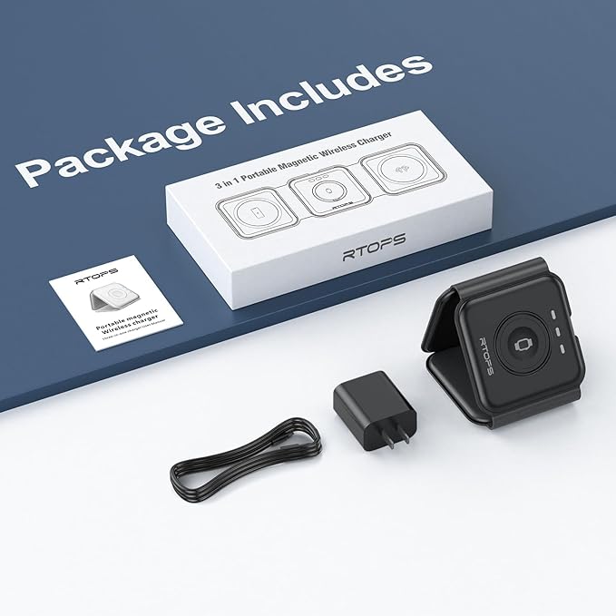 Wireless Charger 3 in 1,RTOPS Magnetic Traval Wireless Charging Station GaN Compatible with Apple Magsafe Multiple Devices for iphone17/16/15/14/13/Pro/Max,iWatch,AirPods4/3/2/Pro(Adapter Includes)