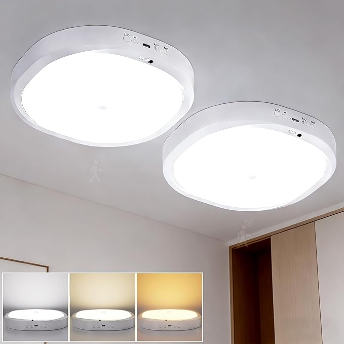 2 Packs Motion Sensor Closet Light with Remote, No Wiring Battery Operated Ceiling Light with 10000mAh, Waterproof Shower Light for Bathroom Closet Stairs Pantry