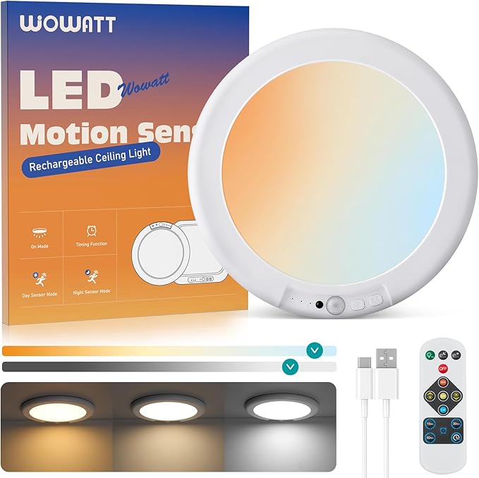 wowatt Rechargeable Ceiling Lights Battery Operated Ceiling Light with Remote Wireless Shower Lighting 3000K 4500K 6500K 7.48in Dimmable Timing Overhead Light for Closet Shower Living Room