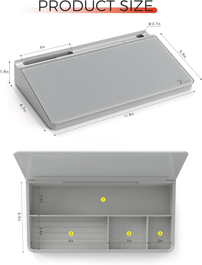 TOWON Small Compact Glass Desktop Whiteboard with Storage – 12 x 7 in Dry Erase Board for Desk, Home Office, School | Includes 5 Markers, Eraser & Holder | Space-Saving Organizer, Aesthetic Gray