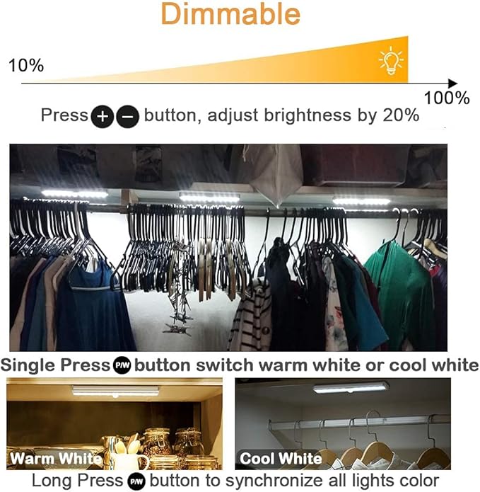 Remote Control Under Cabinet Lighting Wireless 6 Pack, 20-LED Dimmable Closet Lights Rechargeable Under Counter Light, Stick on Touch Night Light Strip Bar for Kitchen Stairway Bedroom, 3 Colors