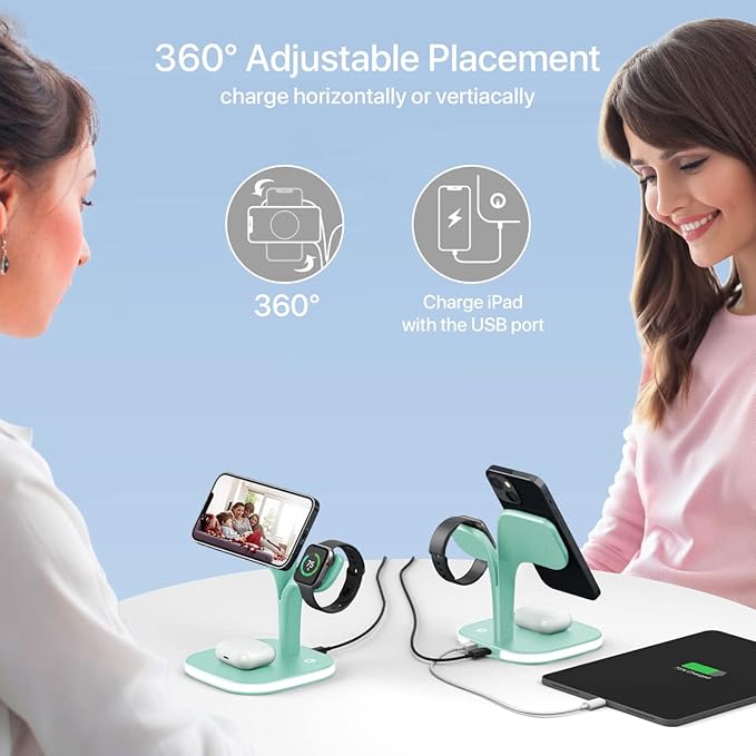 EXW Charging Station, Magnetic Wireless Charger,5 in 1 Fast Wireless Charger Stand for iPhone 17/Air/16/15/14/13/12 Pro/Max/Mini/Plus, Apple Watch 10/9/ 8/7/6/SE/5/4/3/2 and Airpods 3/2/Pro