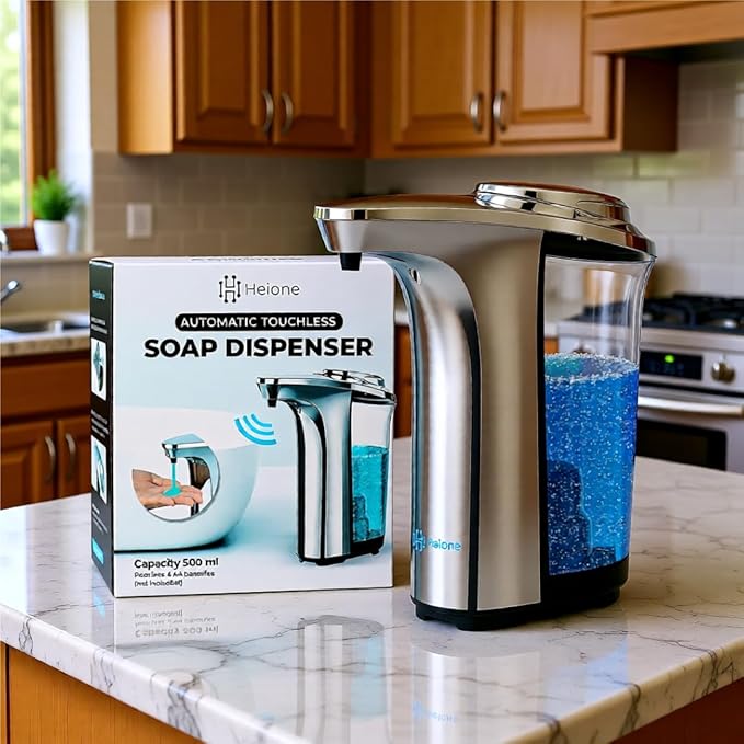 Automatic Soap Dispenser Touchless - Battery Operated Sensor Liquid Soap Pump for Kitchen Sink & Bathroom - Silver Glossy Color, 5 Adjustable Levels, IPX4 Waterproof, 17oz / 500ml