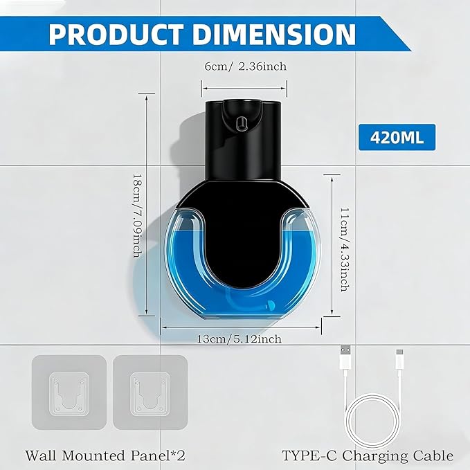 2Pack Automatic Soap Dispenser Touchless, Rechargeable Foaming Soap Dispenser,15oz/420ml Smart Hand Soap Dispensers,4-Level Adjustable,Wall Mount for Bathroom Kitchen Dish Soap,Hands-Free,Black