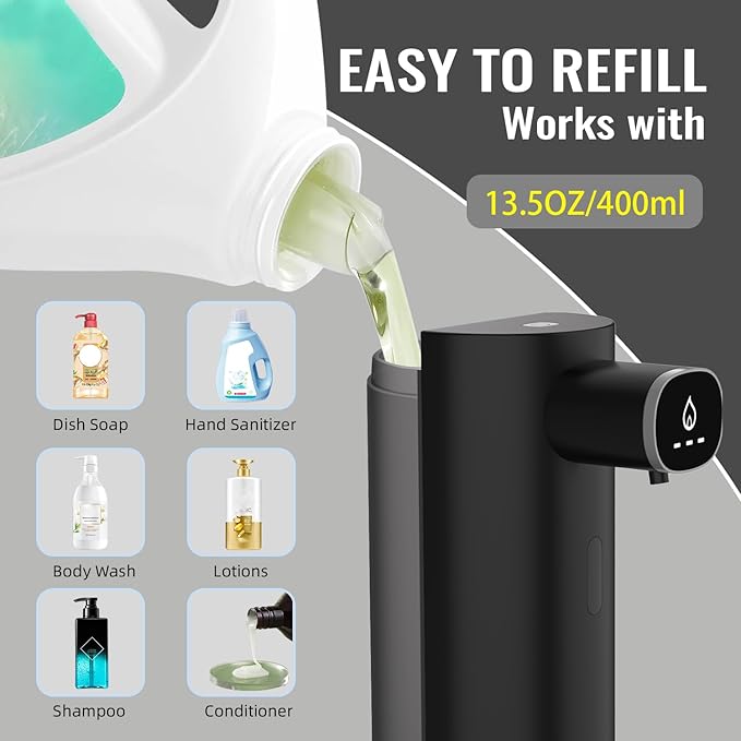 Automatic Liquid Soap Dispenser Touchless, USB Rechargeable Smart Hand Soap Dispenser, 13.5oz/400ml, 3-Level Adjustable, Compatible with Thick Thin Dish Soap for Bathroom Kitchen, Clog-Free (Black)