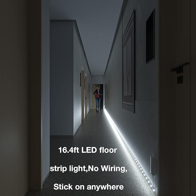 WOBANE Dual Motion Sensor Stair Lights Strip, Rechargeable 16.4ft LED Strip Lighting,150 LEDs Cuttable Tape Light for Hallway,Under Cabinet,Cupboard,Shelves,Gun Safe,Flexible,6000K White