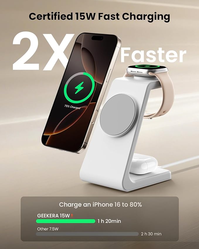 Magsafe Wireless Charging Station for iPhone: Certified 15W Fast Charging Station, 3 in 1 Magnetic Charger Stand for iPhone 17/16/15/14/13/12 Series, Apple Watch, AirPods 4/3/Pro