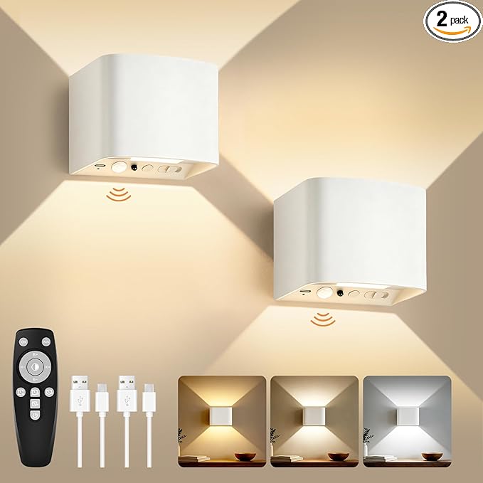 Battery Operated Wall Lamps with Motion Sensor, 6000mAh Rechargeable Wireless LED Sconce with Remote Control, Stepless Dimming, 2700-6500K, Adjustable Beam Angle, White Wall Lights for Bedroom, 2-Pack