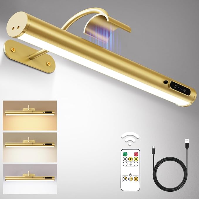 Hapfish Picture Lights for Wall Battery Operated, Wireless Art Light for Paintings, Rechargeable Wall Sconce for Picture with Remote Control, Dimmable Wall Lighting for Gallery Dartboard Mirror - Gold