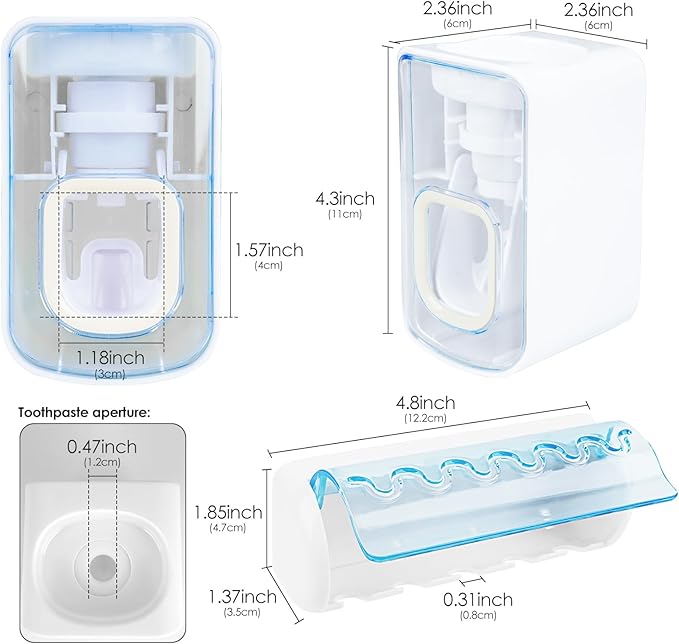 5 Slots Wall Mount Toothbrush Holder with Cover, Self Adhesive Toothbrush Storage Organizer for Shower, Toothbrush Hanger with Automatic Toothpaste Squeezer Dispenser (Blue)