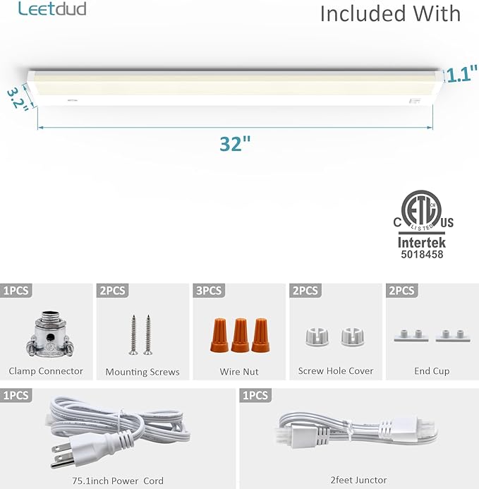 Leetdud LED Under Cabinet Lighting Hardwired or Plug in, 32 Inch 16W, Dimmable 5 Color 2700K/3000K/3500K/4000K/5000K, Linkable Eyes Care Design Counter Lights for Kitchen, Sink, ETL Listed, White