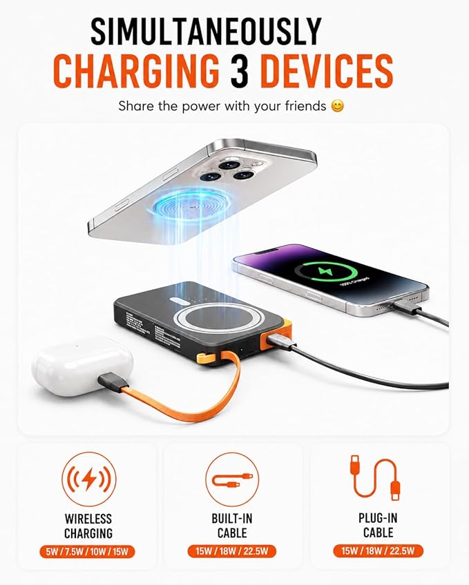 3-in-1 Magnetic Portable Charger with Stand, for Magsafe Power Bank Fast Charging, 10000mAh Wireless Battery Pack with Built in USB C Cable, Powerbank for iPhone17/16/15/14/13/12 Travel & Daily Use