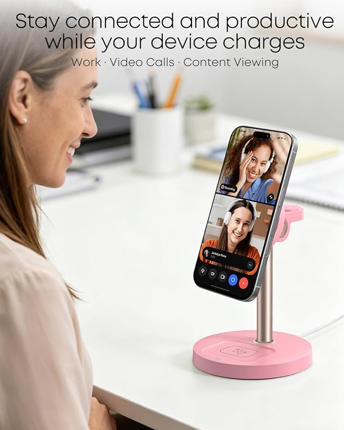3 in 1 Magnetic Wireless Charging Station, 15W Fast Charger Stand for iPhone, Phone Charger Stand for Desk Nightstand, for iPhone 17/16/15/14/13/12, Apple Watch & AirPods, Adapter Not Included -Pink